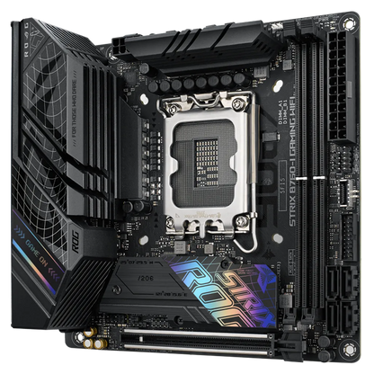 ASUS ROG STRIX B760-I GAMING WIFI D5 Mini-ITX motherboard side angle highlighting rear I/O shield, Intel LGA1700 socket, RGB accents and compact Mini-ITX design.