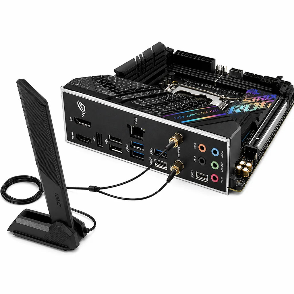 ASUS ROG STRIX B760-I GAMING WIFI D5 Mini-ITX motherboard with external WiFi antenna, rear I/O ports, USB, HDMI, Ethernet and audio connectors on white background.