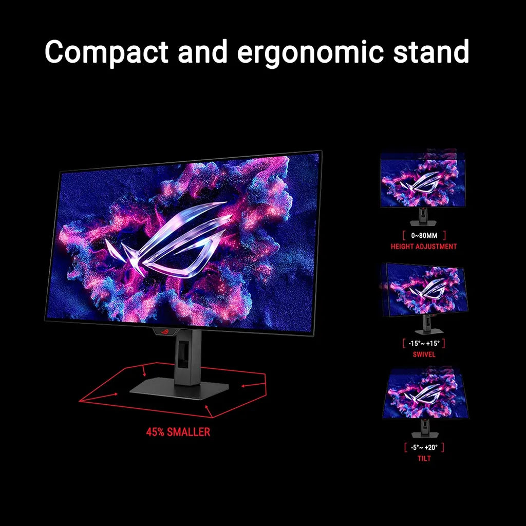 ASUS ROG Strix OLED XG32UCWG 31.5 Inch 4K Gaming Monitor ergonomic stand showing height tilt and swivel range -tpstech.in