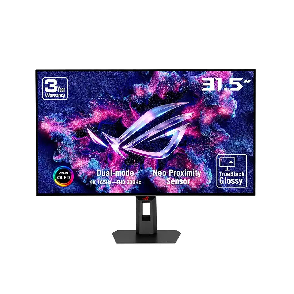 ASUS ROG Strix OLED XG32UCWG 31.5 Inch 4K Gaming Monitor front display showcasing key features and 3-year warranty -tpstech.in