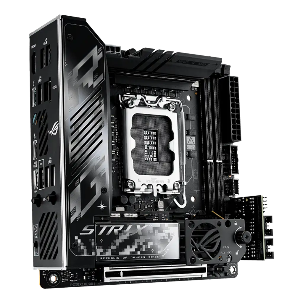 ASUS ROG Strix Z890-I Gaming WiFi Intel Z890 LGA1851 Mini-ITX DDR5 motherboard front view with integrated heatsinks, PCIe 5.0 slot, onboard cooling fan and WiFi 7 support.