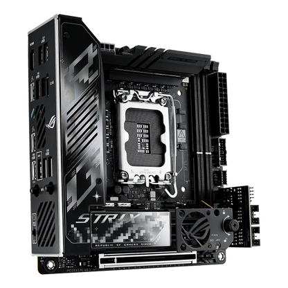 ASUS ROG Strix Z890-I Gaming WiFi Intel Z890 LGA1851 Mini-ITX DDR5 motherboard front view with integrated heatsinks, PCIe 5.0 slot, onboard cooling fan and WiFi 7 support.