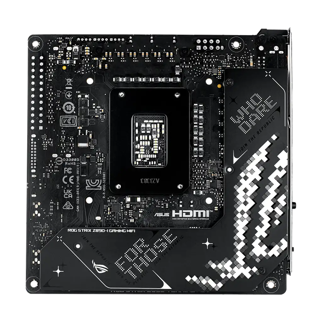 Rear view of ASUS ROG Strix Z890-I Gaming WiFi Intel Z890 LGA1851 Mini-ITX DDR5 motherboard showing reinforced backplate and PCB layout.