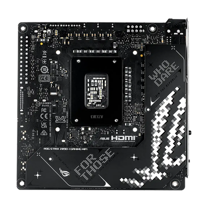 Rear view of ASUS ROG Strix Z890-I Gaming WiFi Intel Z890 LGA1851 Mini-ITX DDR5 motherboard showing reinforced backplate and PCB layout.