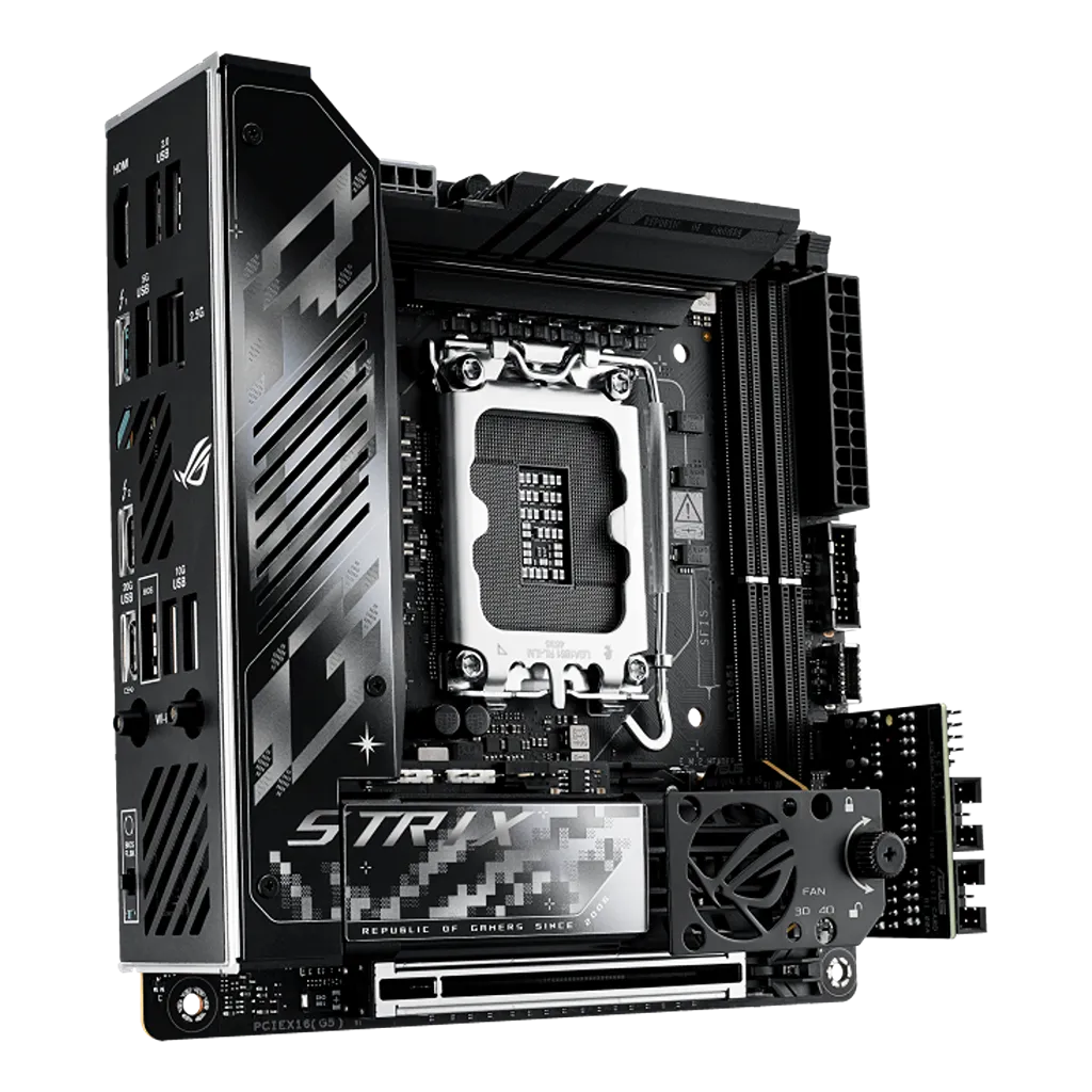 ASUS ROG Strix Z890-I Gaming WiFi Intel Z890 LGA1851 Mini-ITX DDR5 motherboard angled front view featuring premium VRM heatsinks, PCIe 5.0 slot and integrated M.2 cooling.
