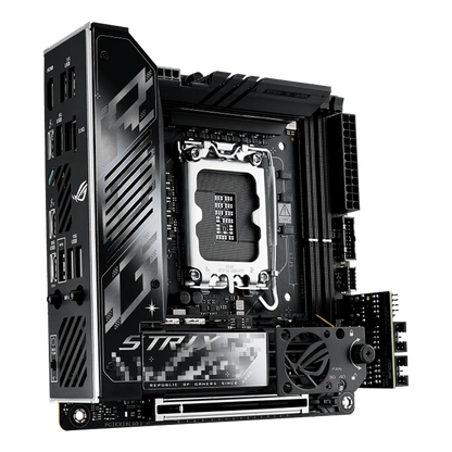 ASUS ROG Strix Z890-I Gaming WiFi Intel Z890 LGA1851 Mini-ITX DDR5 motherboard angled front view featuring premium VRM heatsinks, PCIe 5.0 slot and integrated M.2 cooling.