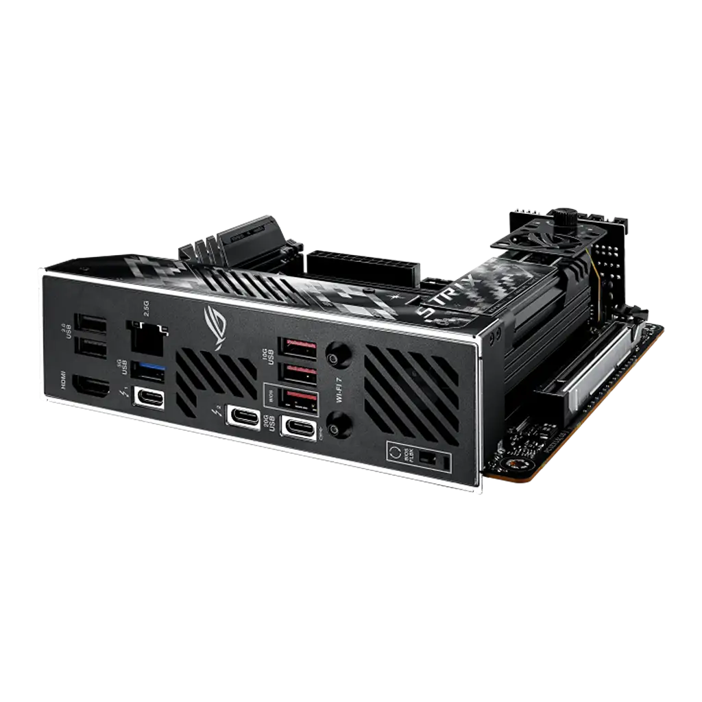 ASUS ROG Strix Z890-I Gaming WiFi Intel Z890 LGA1851 Mini-ITX motherboard rear I/O angle with HDMI, USB Type-C, USB ports, 2.5Gb Ethernet and WiFi 7 antenna connectors.