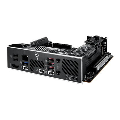 ASUS ROG Strix Z890-I Gaming WiFi Intel Z890 LGA1851 Mini-ITX motherboard rear I/O angle with HDMI, USB Type-C, USB ports, 2.5Gb Ethernet and WiFi 7 antenna connectors.