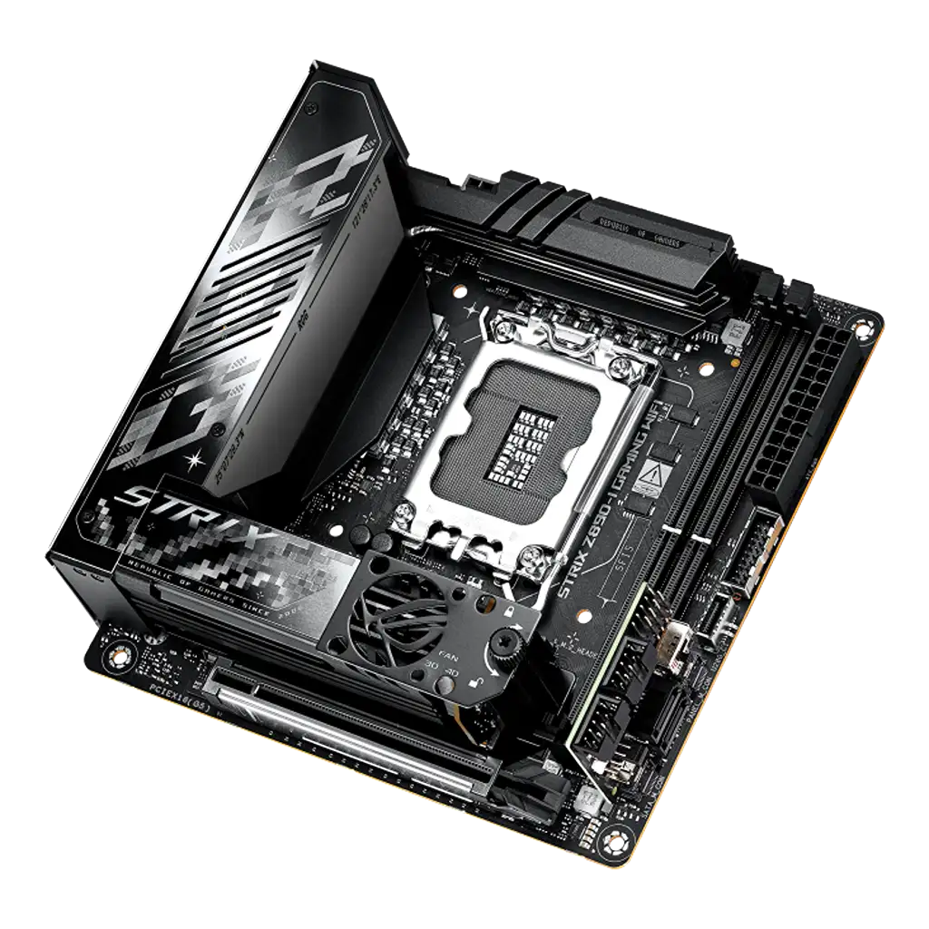 ASUS ROG Strix Z890-I Gaming WiFi Intel Z890 LGA1851 Mini-ITX DDR5 motherboard top angled view highlighting Intel LGA1851 socket, DDR5 DIMM slots and premium cooling design.