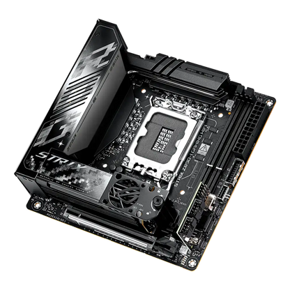 ASUS ROG Strix Z890-I Gaming WiFi Intel Z890 LGA1851 Mini-ITX DDR5 motherboard top angled view highlighting Intel LGA1851 socket, DDR5 DIMM slots and premium cooling design.