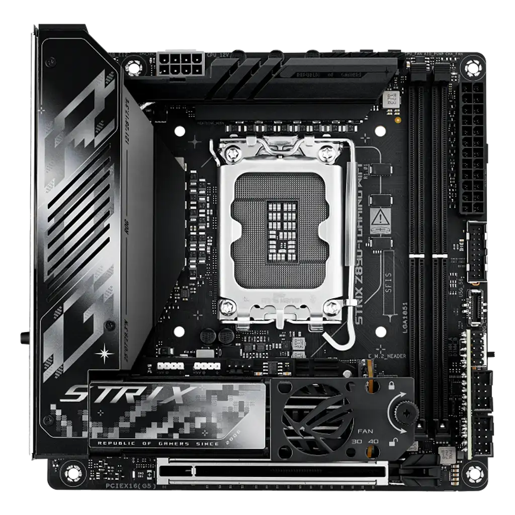 ASUS ROG Strix Z890-I Gaming WiFi Intel Z890 LGA1851 Mini-ITX DDR5 motherboard top view showing Intel LGA1851 socket, dual DDR5 slots, PCIe 5.0 x16 slot, onboard cooling fan and M.2 heatsink.