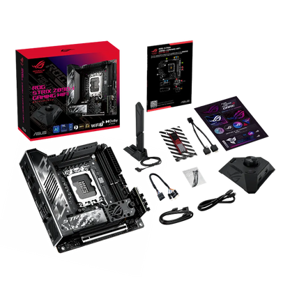 ASUS ROG Strix Z890-I Gaming WiFi Intel Z890 LGA1851 Mini-ITX DDR5 motherboard retail box with included WiFi antenna, cables, accessories and documentation.