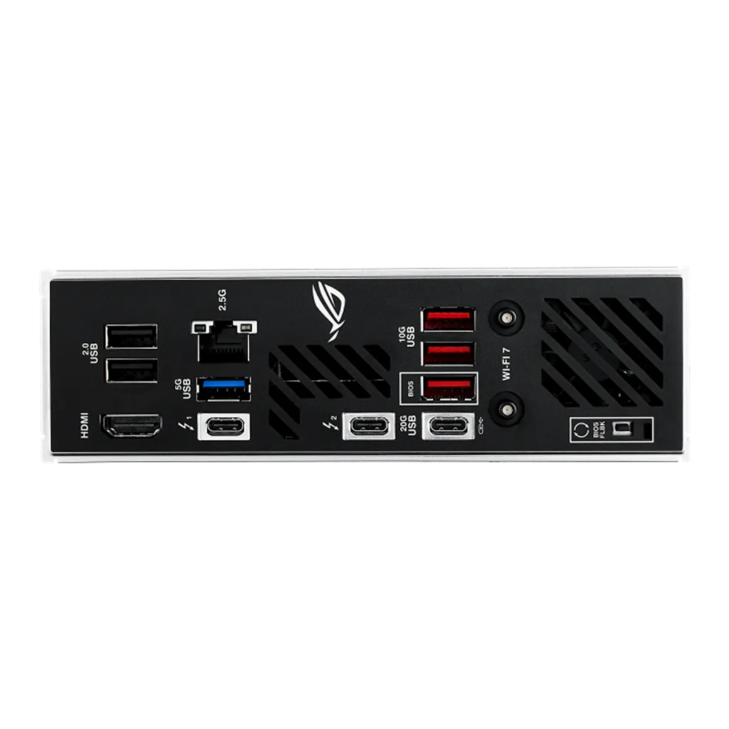 ASUS ROG Strix Z890-I Gaming WiFi Intel Z890 motherboard rear I/O panel featuring HDMI, USB 20Gbps Type-C, USB ports, 2.5Gb LAN, BIOS FlashBack and WiFi 7 connectors.