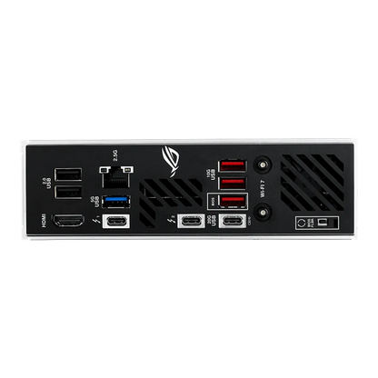 ASUS ROG Strix Z890-I Gaming WiFi Intel Z890 motherboard rear I/O panel featuring HDMI, USB 20Gbps Type-C, USB ports, 2.5Gb LAN, BIOS FlashBack and WiFi 7 connectors.