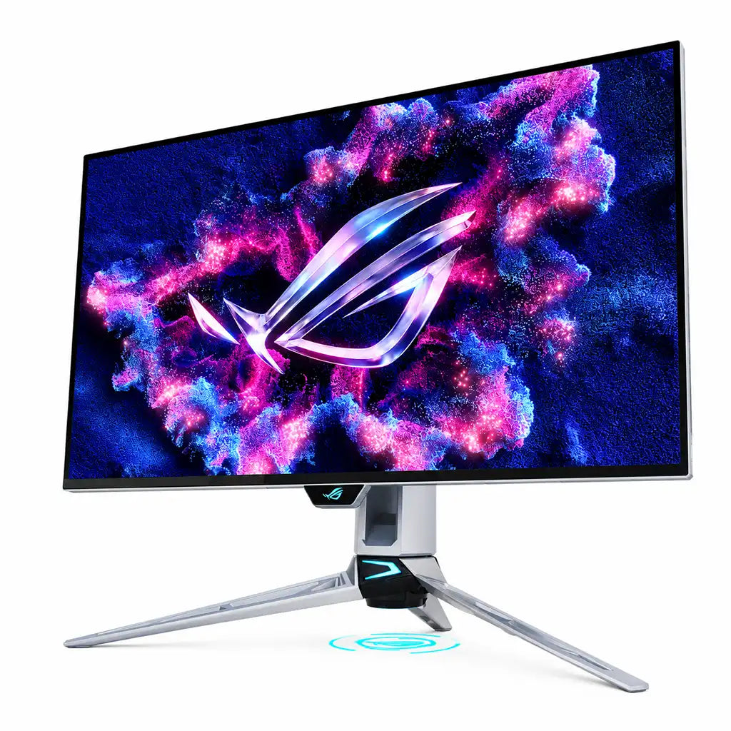 ASUS ROG Swift OLED 27-inch QHD OLED Gaming Monitor right perspective angle on silver tripod stand -tpstech.in