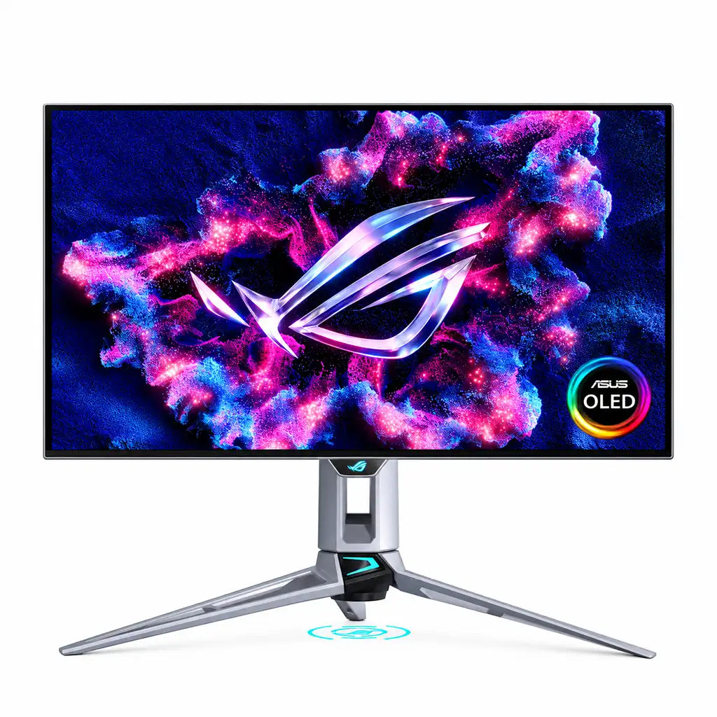 ASUS ROG Swift OLED 27-inch QHD OLED Gaming Monitor direct front view displaying vibrant OLED visuals -tpstech.in