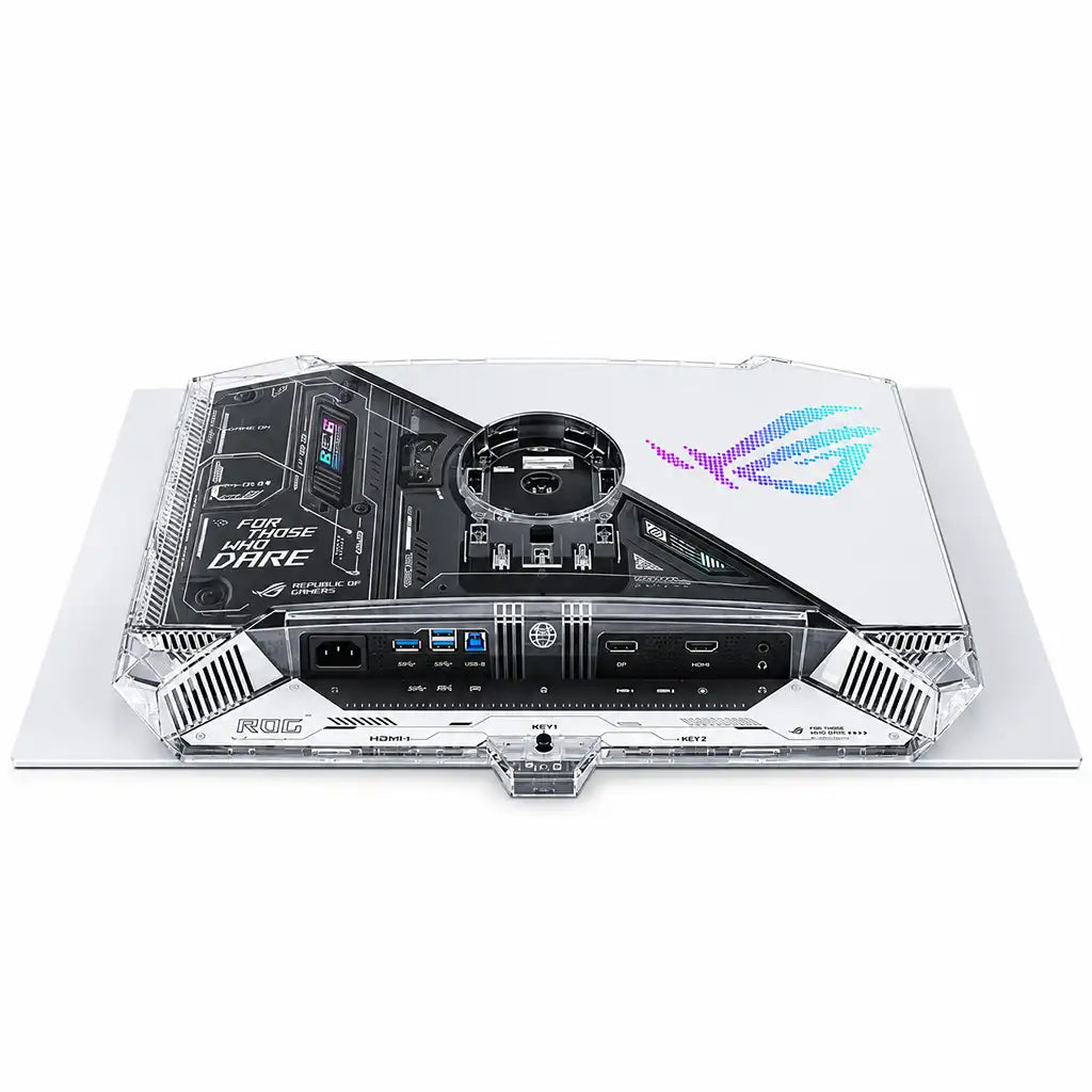 ASUS ROG Swift OLED 27-inch QHD OLED Gaming Monitor bottom rear I/O connectivity ports and controls layout -tpstech.in