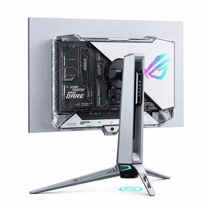 ASUS ROG Swift OLED 27-inch QHD OLED Gaming Monitor back right angled view highlighting futuristic stand and transparent casing -tpstech.in