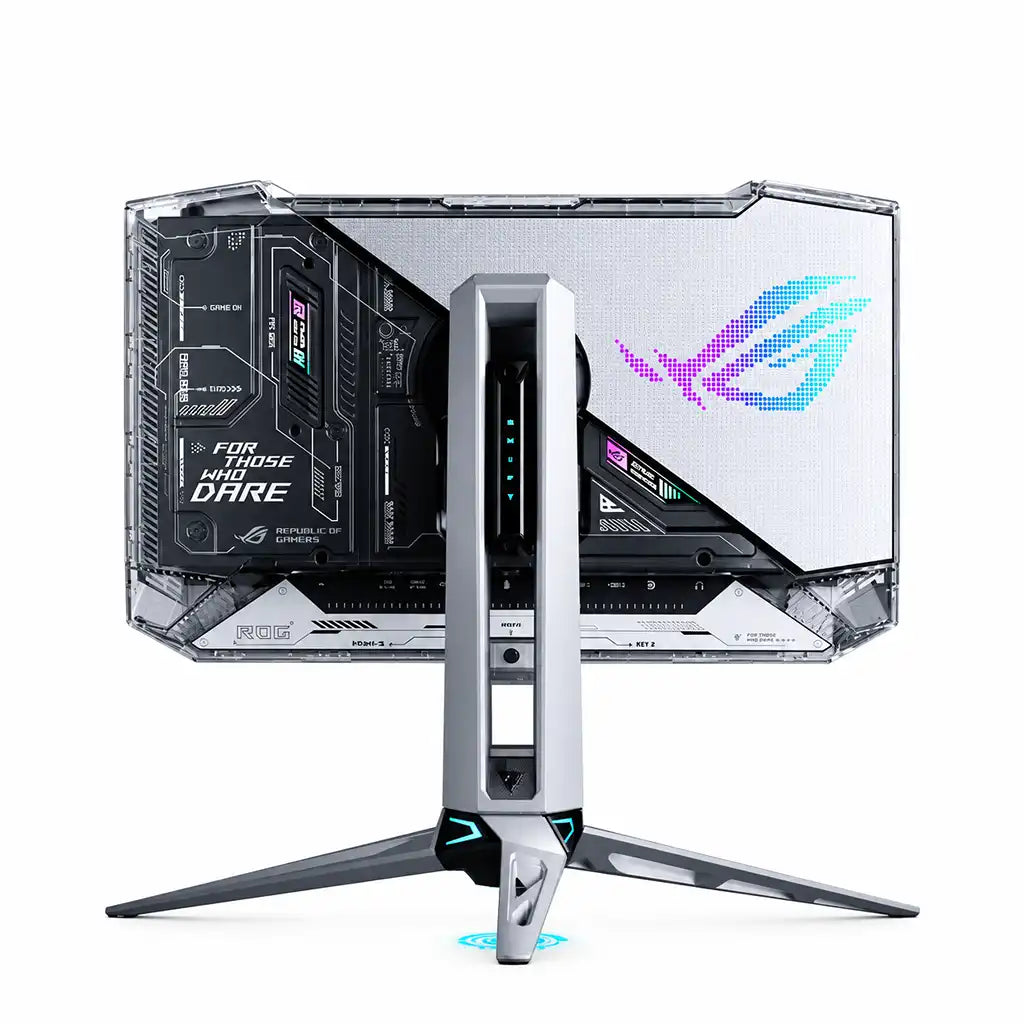 ASUS ROG Swift OLED 27-inch QHD OLED Gaming Monitor rear view showing cyber transparent chassis and RGB logo -tpstech.in