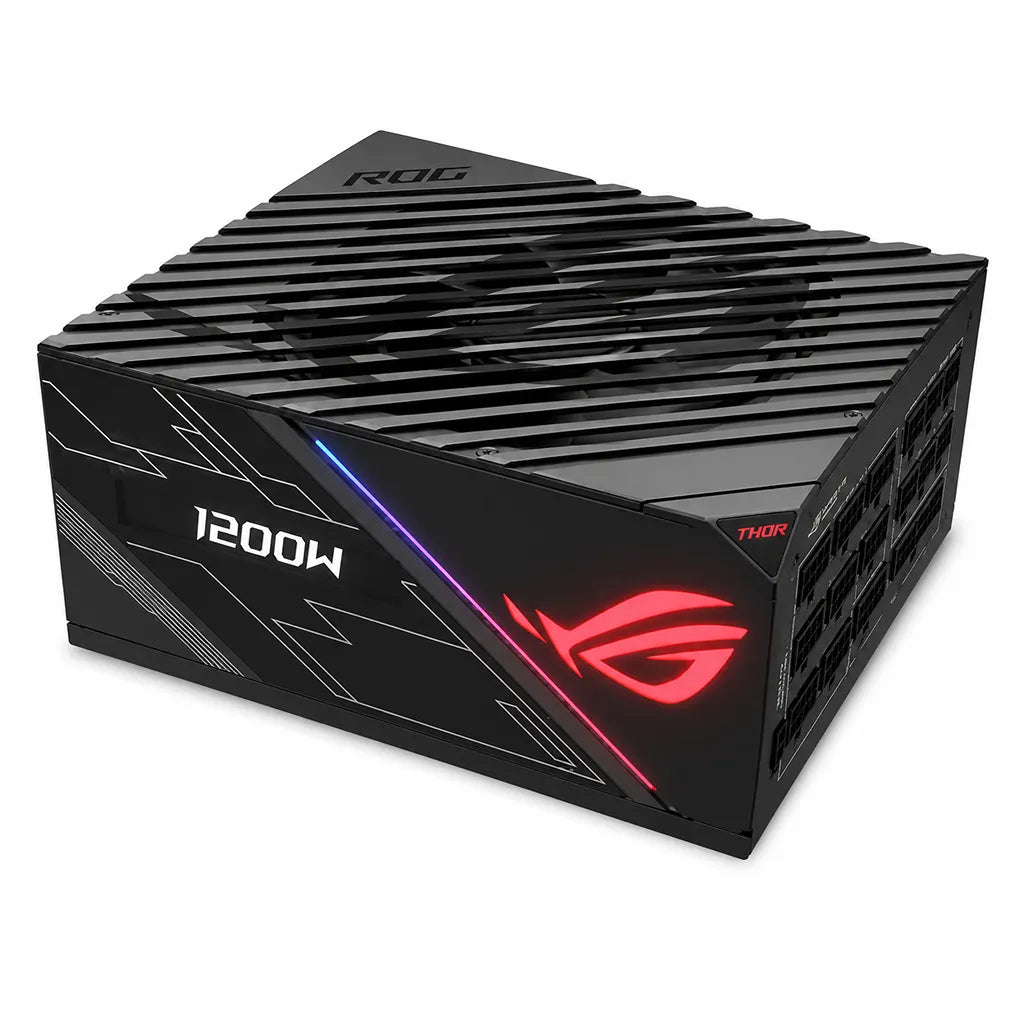 ASUS ROG Thor 1200P 1200W gaming power supply angled view showing RGB lighting and modular connector panel-tpstech.in