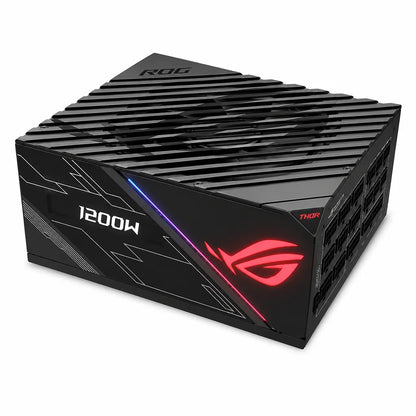ASUS ROG Thor 1200P 1200W gaming power supply angled view showing RGB lighting and modular connector panel-tpstech.in