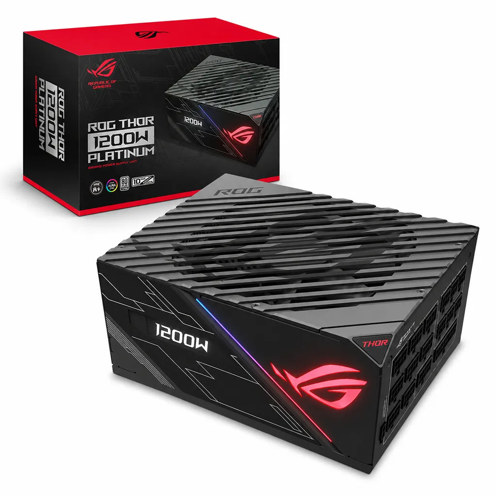 ASUS ROG Thor 1200P 1200W Platinum power supply with retail packaging and illuminated ROG design-tpstech.in