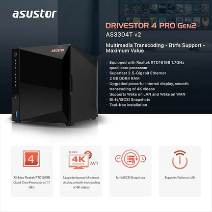 ASUSTOR AS3304T v2 Drivestor 4 Pro Gen2 NAS with 2.5-Gigabit Ethernet, Btrfs support and 4K video transcoding -tpstech.in