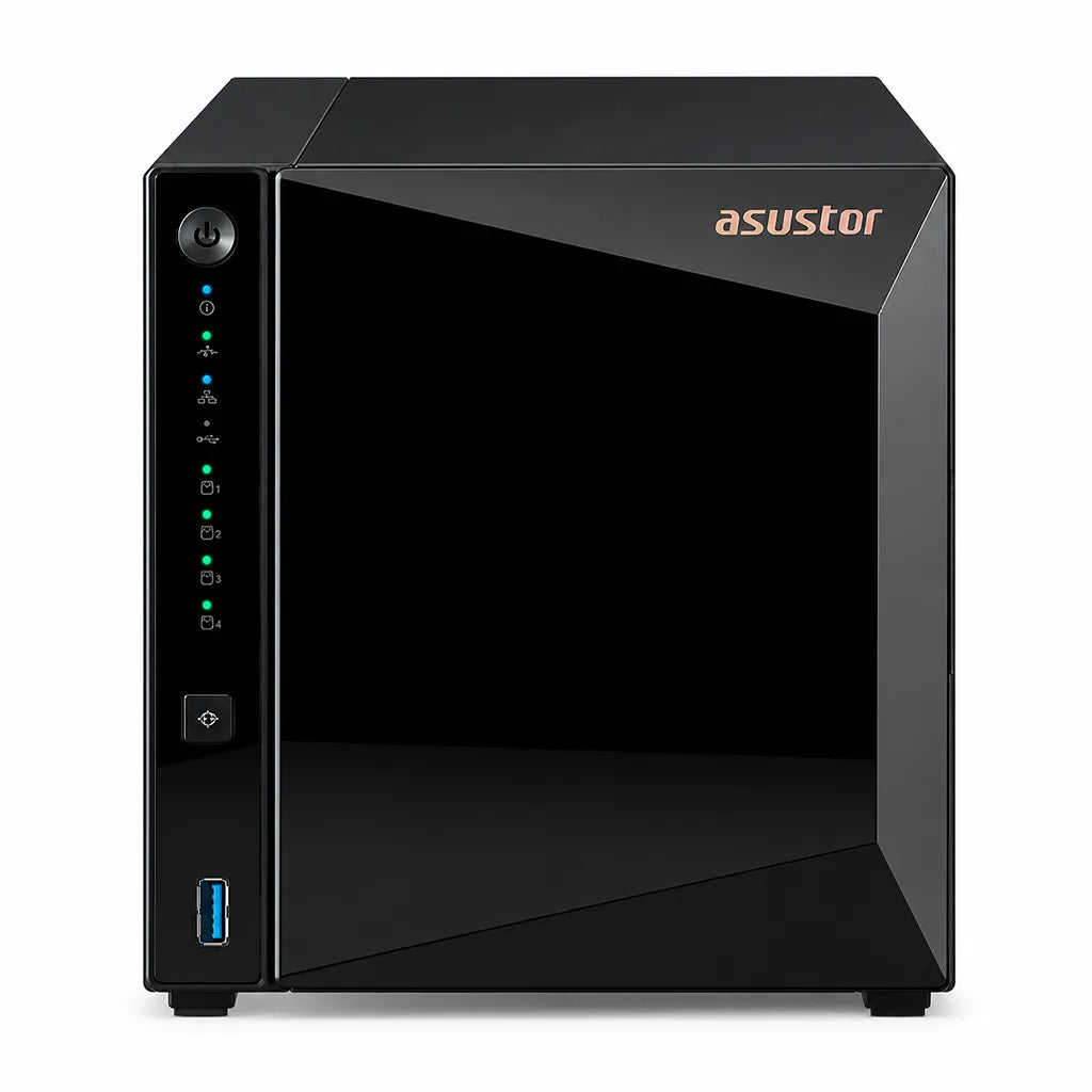 ASUSTOR AS3304T v2 4-bay NAS front panel showing power, network and drive status indicators -tpstech.in