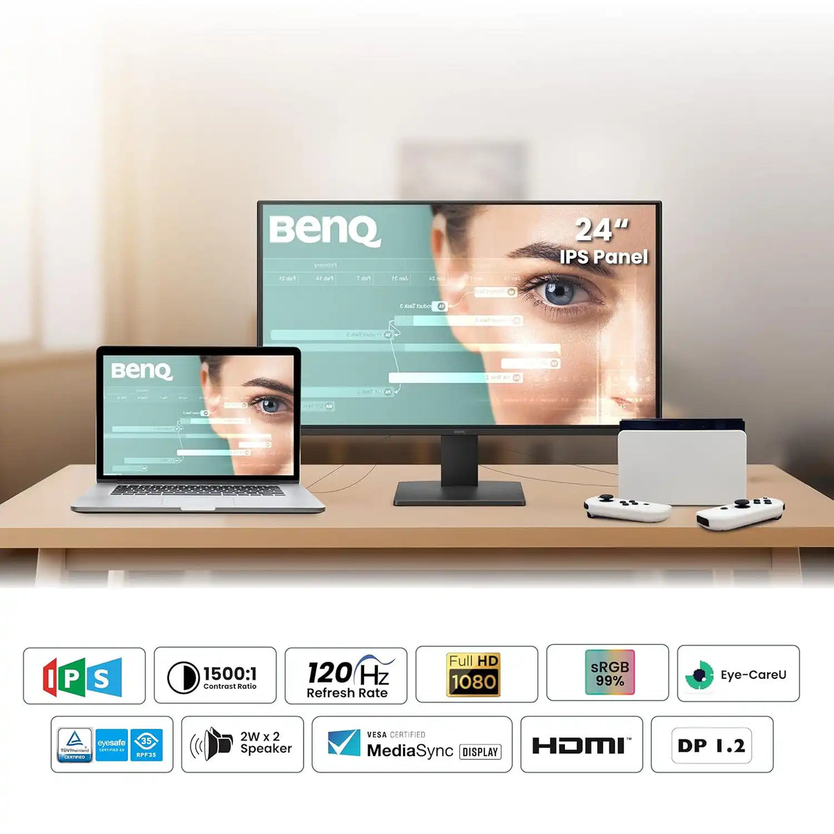 BenQ GW2490P 24 inch IPS monitor with 120Hz refresh rate 99% sRGB 1500:1 contrast HDMI and DisplayPort-tpstech.in