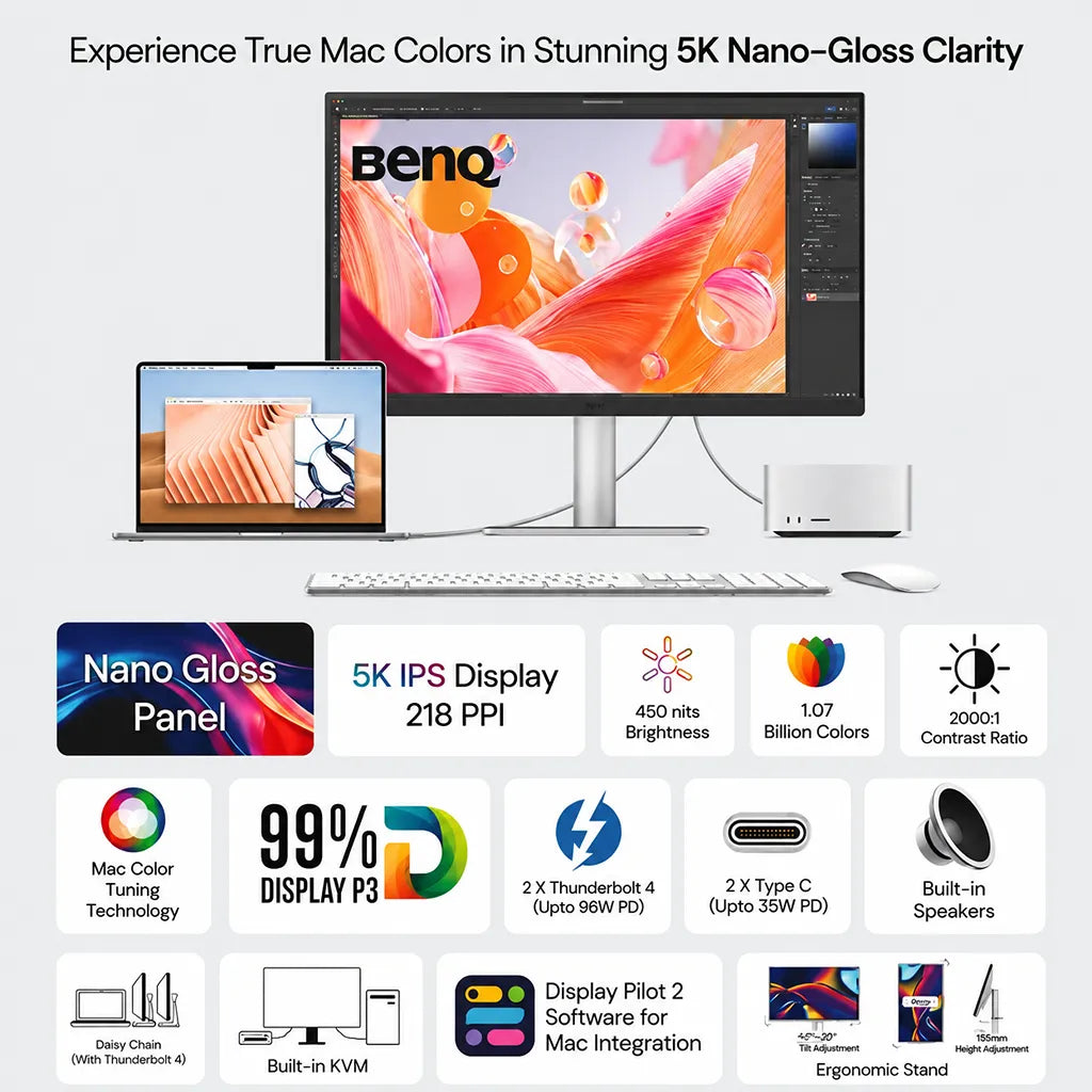 BenQ MA270S 5K Nano Gloss IPS monitor featuring Display P3 color, Thunderbolt 4, Smart KVM and ergonomic stand -tpstech.in