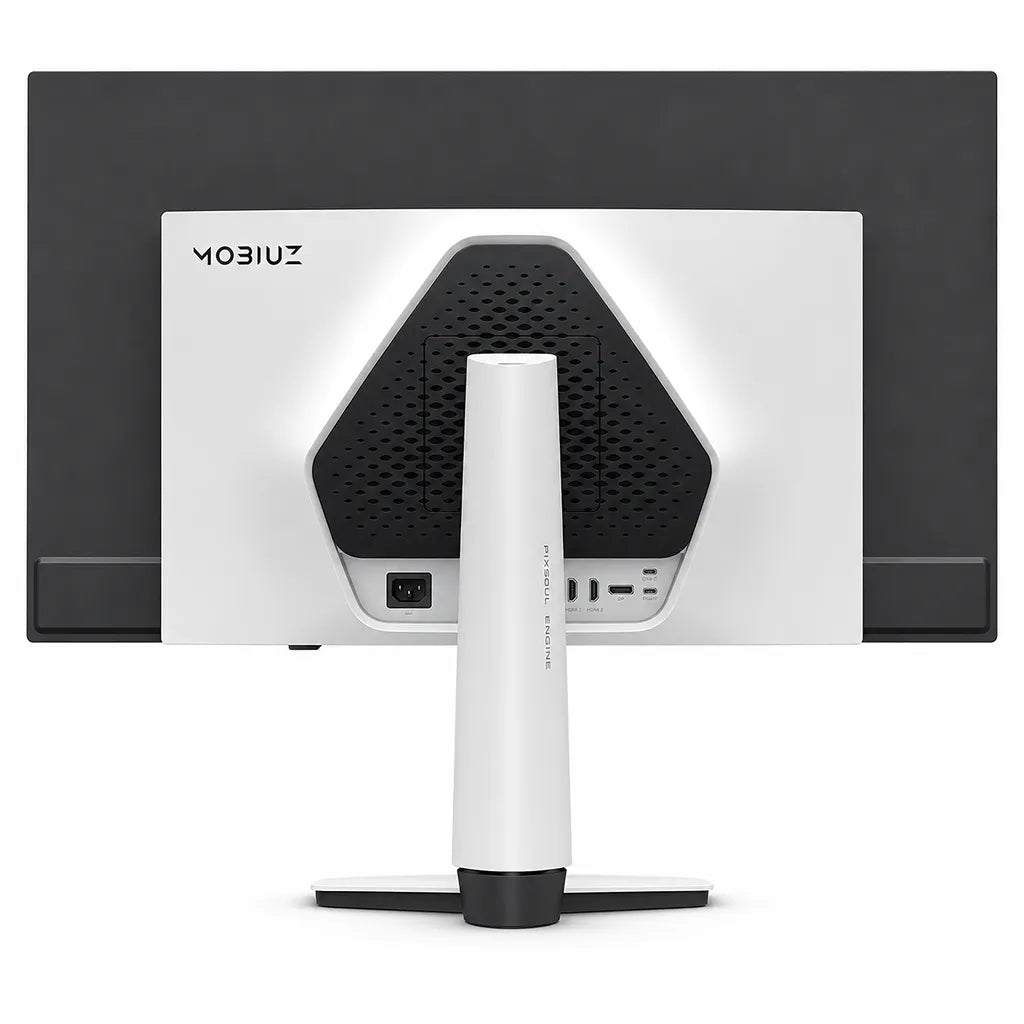 BenQ MOBIUZ EX321UZ 32 Inch 4K QD-OLED Gaming Monitor back view showing white stand and rear panel -tpstech.in