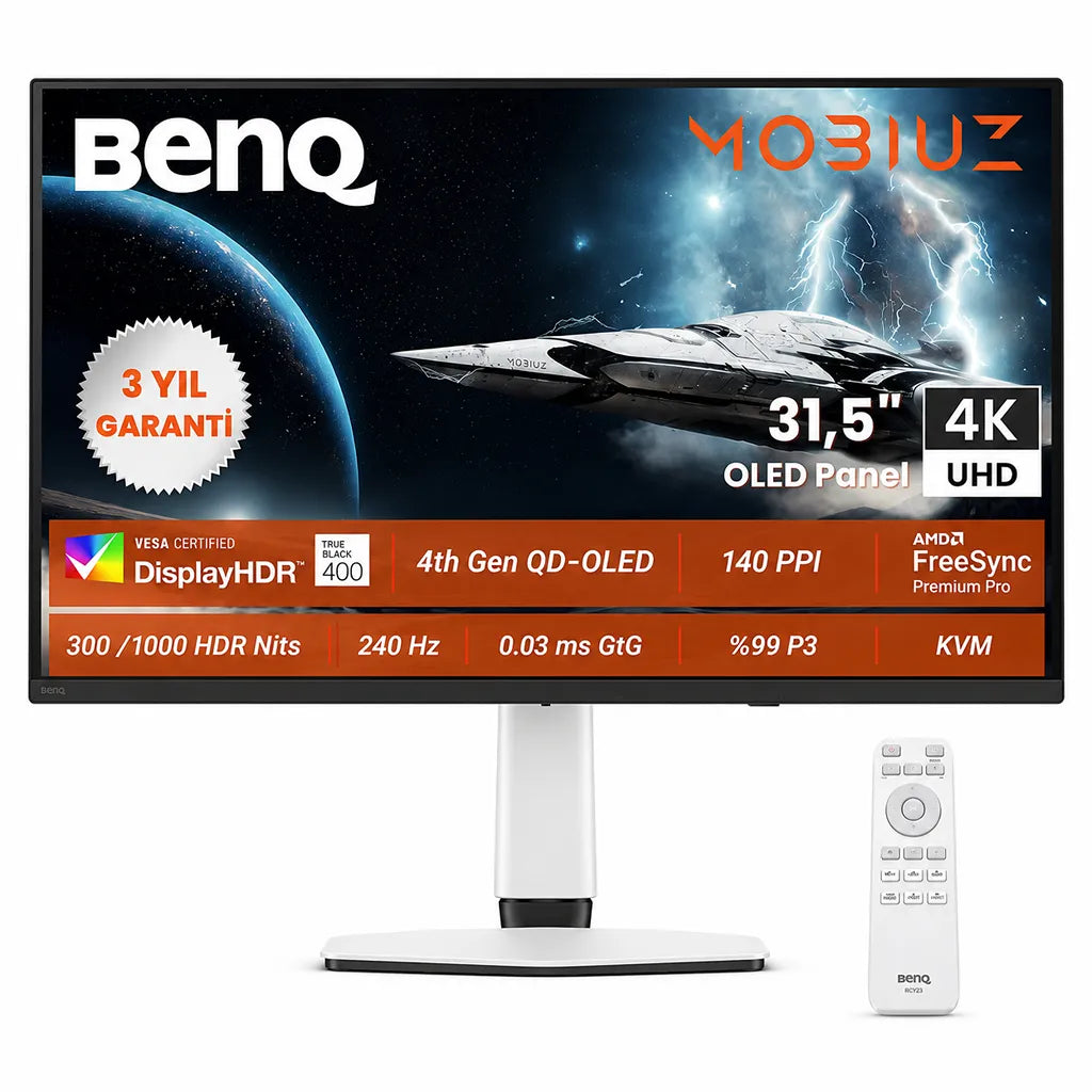 BenQ MOBIUZ EX321UZ 32 Inch 4K QD-OLED Gaming Monitor front view highlighting 240Hz and DisplayHDR 400 features -tpstech.in