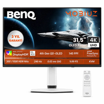 BenQ MOBIUZ EX321UZ 32 Inch 4K QD-OLED Gaming Monitor front view highlighting 240Hz and DisplayHDR 400 features -tpstech.in