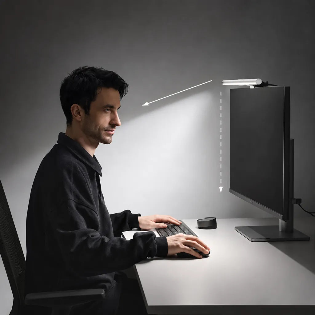 BenQ ScreenBar PRO demonstrating 3rd Generation ASYM-Light technology for glare-free desk illumination and eye comfort -tpstech.in