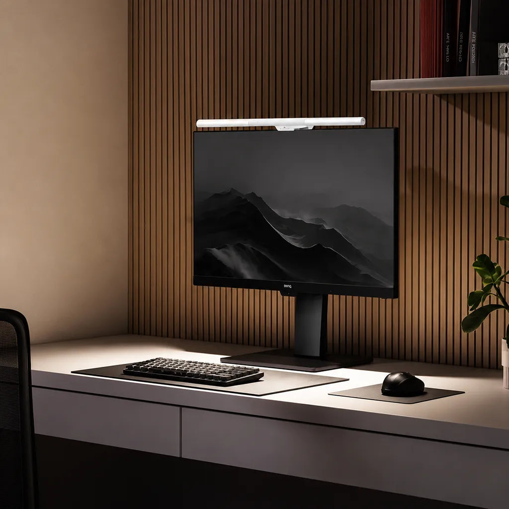 BenQ ScreenBar PRO LED monitor light bar installed on desktop monitor in a modern home office workspace -tpstech.in