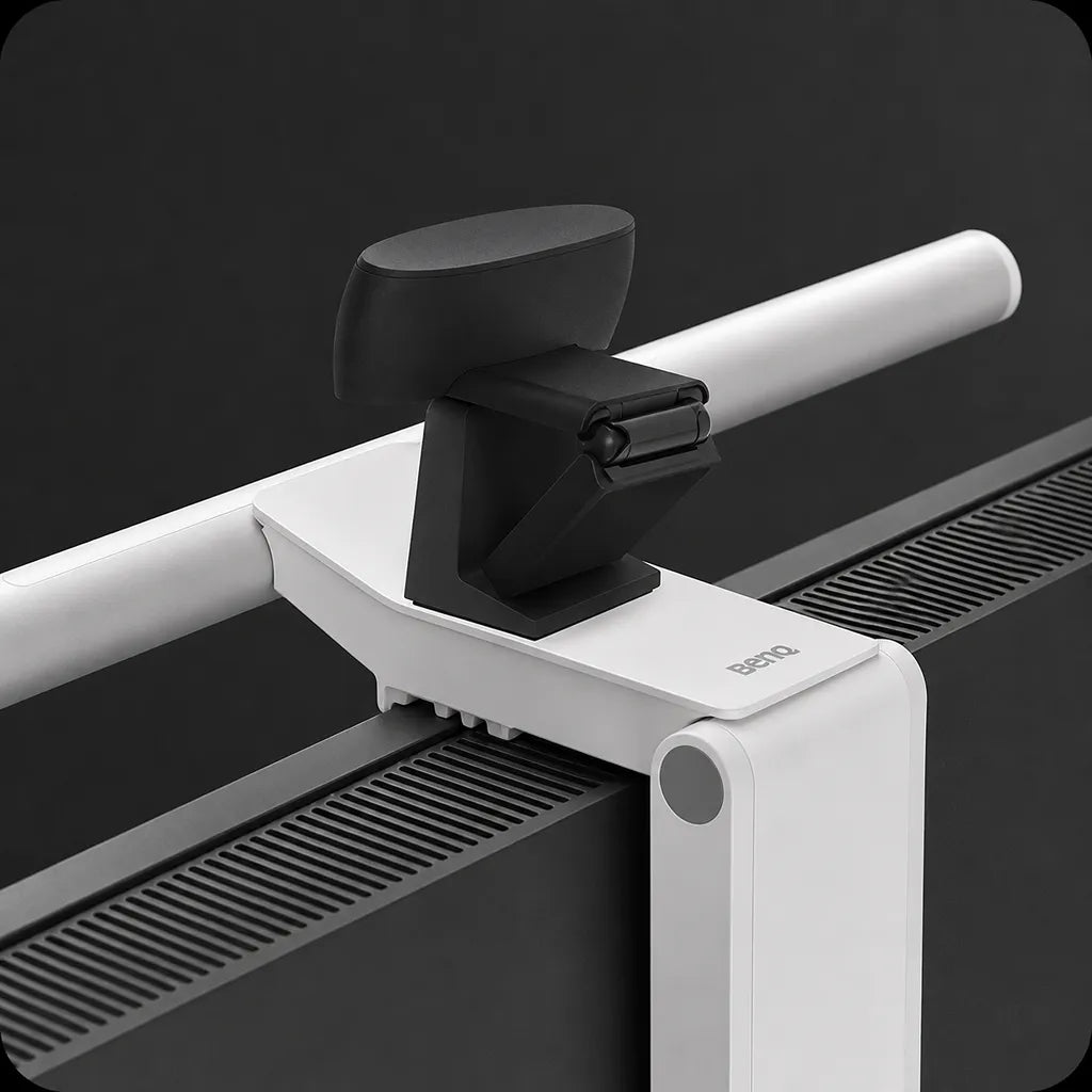 BenQ ScreenBar PRO monitor light bar installed with webcam compatibility using the patented clamp design -tpstech.in