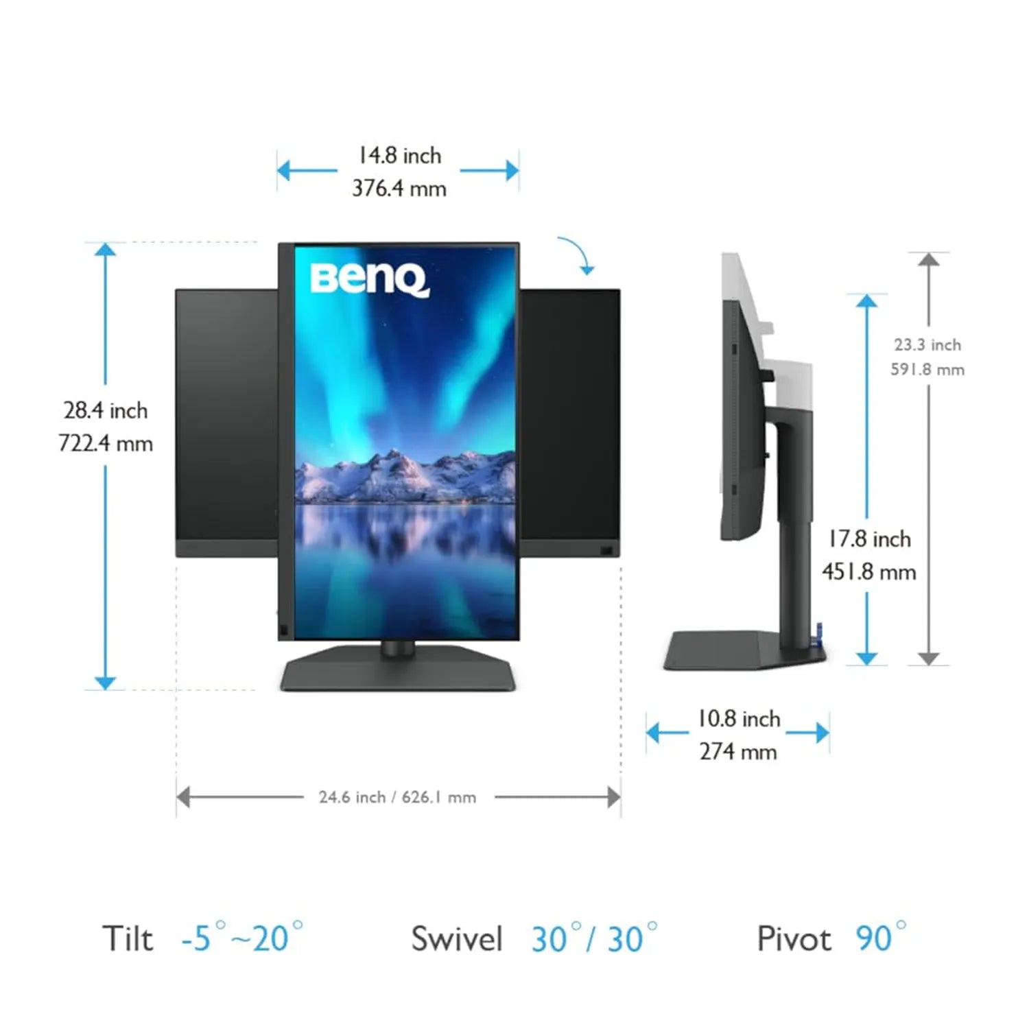 BenQ SW272U 27 Inch 4K AdobeRGB A.R.T. Panel 90W USB-C Pro Photographer and Videographer Monitor Dimensions Tilt Swivel and Pivot Stand -tpstech.in