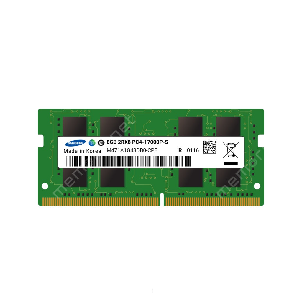 An image showing a Samsung 8GB DDR4 SODIMM RAM module with part number M471A1G43DB0-CPB, operating at 2133MHz.