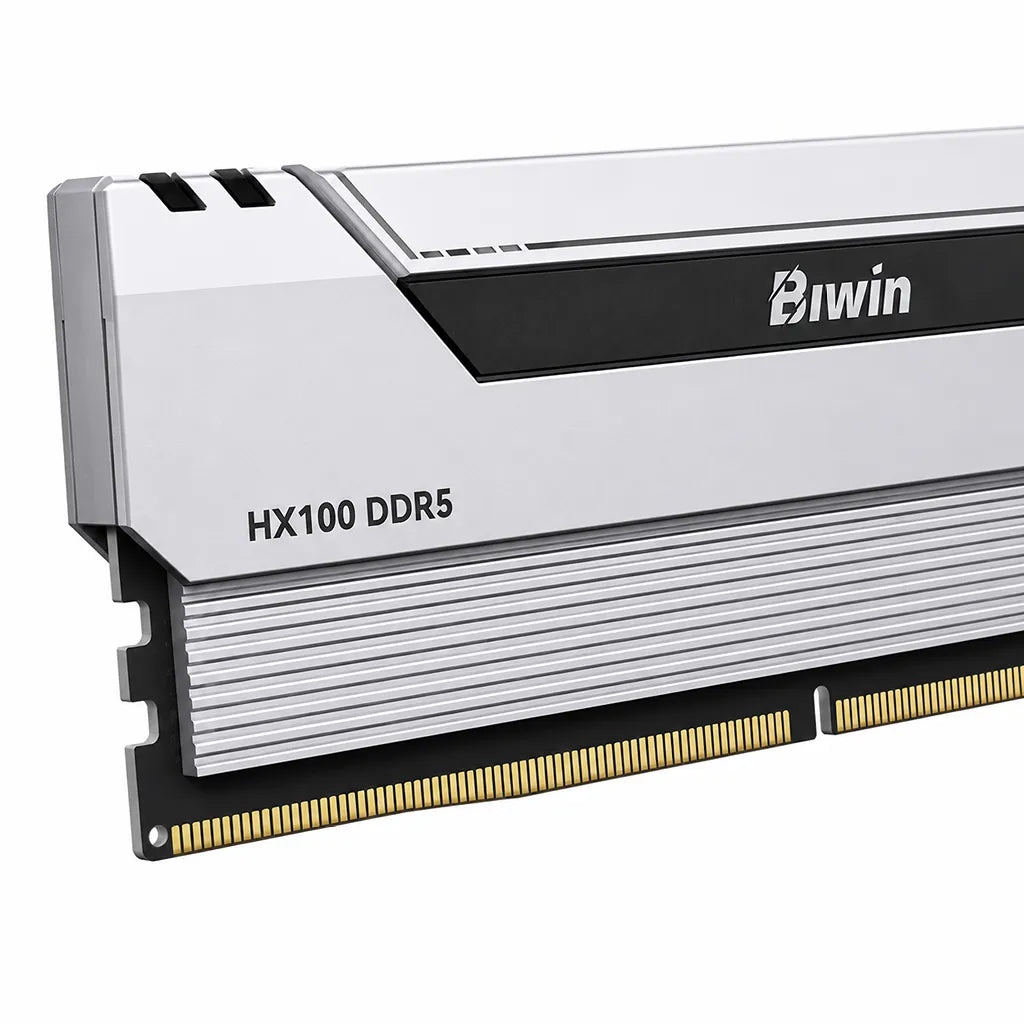 Close-up of Biwin Black Opal HX100 DDR5 RAM 48GB (2x24GB) 6000MHz CL28 Dual Channel Desktop Memory in Silver highlighting the aluminum heatsink and HX100 DDR5 branding.