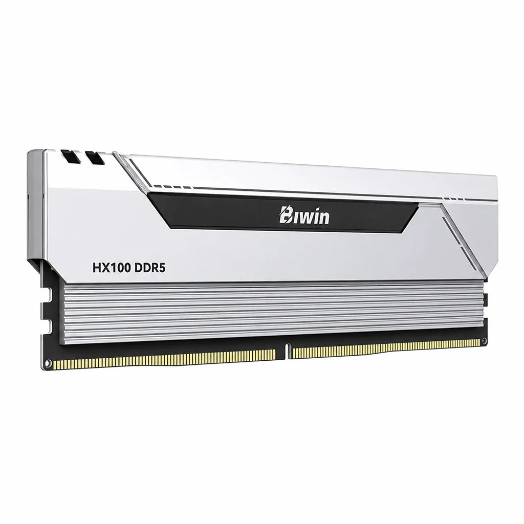 Left angle view of Biwin Black Opal HX100 DDR5 RAM 48GB (2x24GB) 6000MHz CL28 Dual Channel Desktop Memory in Silver showing premium heatsink design.