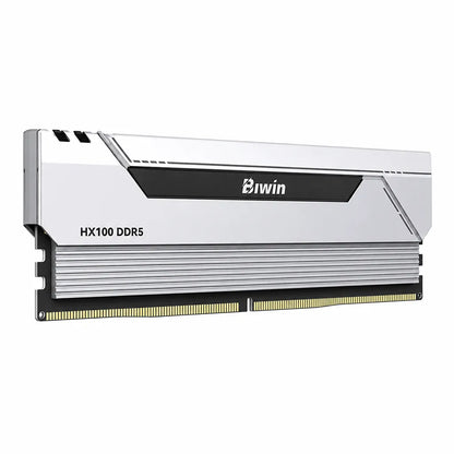 Left angle view of Biwin Black Opal HX100 DDR5 RAM 48GB (2x24GB) 6000MHz CL28 Dual Channel Desktop Memory in Silver showing premium heatsink design.