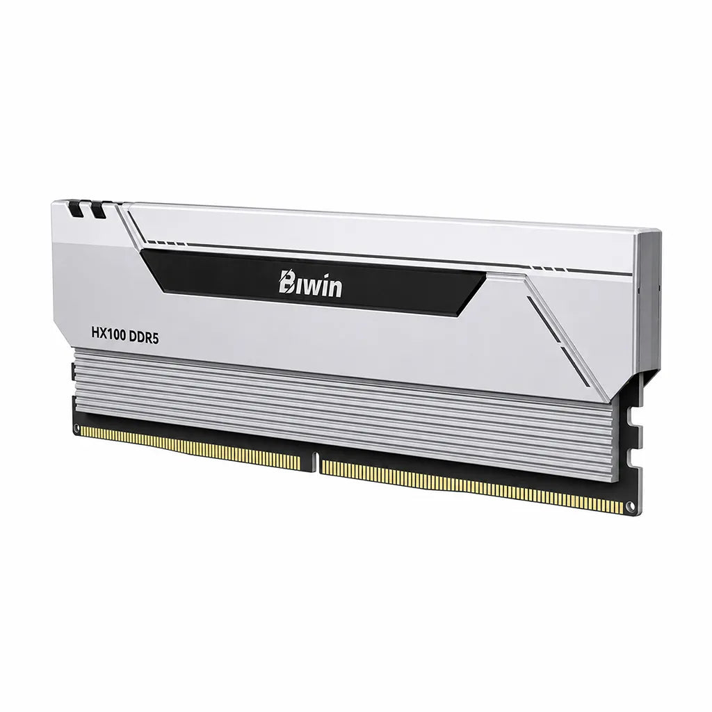 Right angle view of Biwin Black Opal HX100 DDR5 RAM 48GB (2x24GB) 6000MHz CL28 Dual Channel Desktop Memory in Silver with aluminum heat spreader.