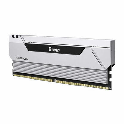 Right angle view of Biwin Black Opal HX100 DDR5 RAM 48GB (2x24GB) 6000MHz CL28 Dual Channel Desktop Memory in Silver with aluminum heat spreader.