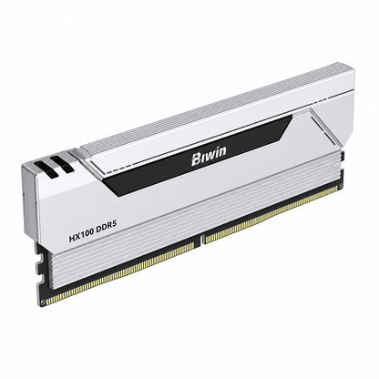 Top left perspective of Biwin Black Opal HX100 DDR5 RAM 48GB (2x24GB) 6000MHz CL28 Dual Channel Desktop Memory in Silver featuring premium cooling fins.