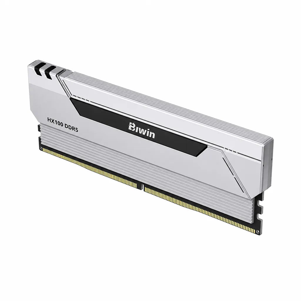 Top right perspective of Biwin Black Opal HX100 DDR5 RAM 48GB (2x24GB) 6000MHz CL28 Dual Channel Desktop Memory Silver for desktop PC builds.