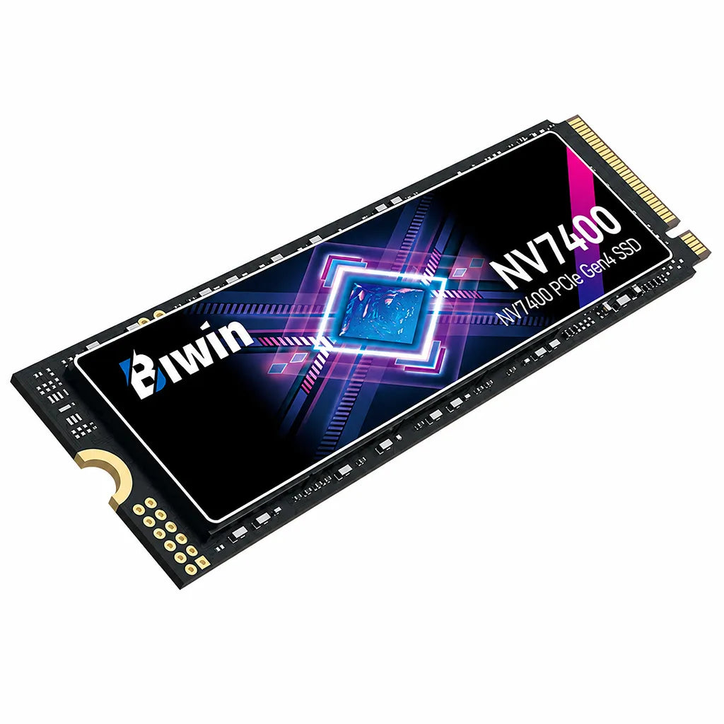 Front perspective view of the Biwin Black Opal NV7400 1TB PCIe 4.0 NVMe M.2 2280 SSD built for fast boot times, quick file transfers, and responsive gaming performance.