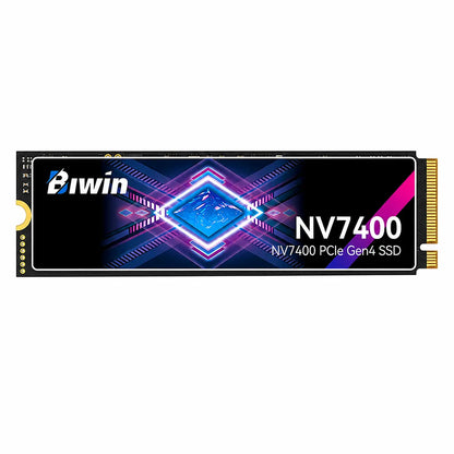 Straight front product shot of the Biwin Black Opal NV7400 1TB PCIe Gen4 NVMe M.2 2280 SSD featuring high-speed internal storage for desktops, laptops, and compatible PS5 systems.