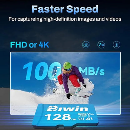 Biwin MS100 128GB MicroSD Card featuring up to 100MB/s read speed with A1 Performance, UHS-I, C10/U1/V10 support for Full HD and 4K recording.