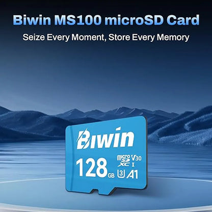 Biwin MS100 128GB MicroSD Card A1 Performance UHS-I C10/U1/V10 memory card with promotional mountain background.
