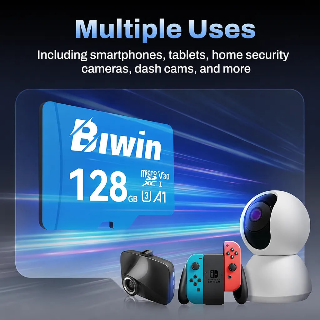 Biwin MS100 128GB MicroSD Card compatible with smartphones, tablets, security cameras, dash cams, gaming consoles, and other devices.